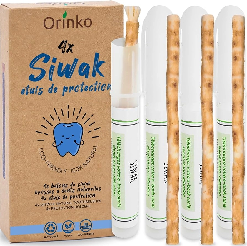 Siwak x4 avec 4 Étuis de Protection – Brosse à Dents 100% Naturelle – Nettoyant, Désinfectant et Blanchissant - Écologique, Biodégradable et Végan – Ebook Offert