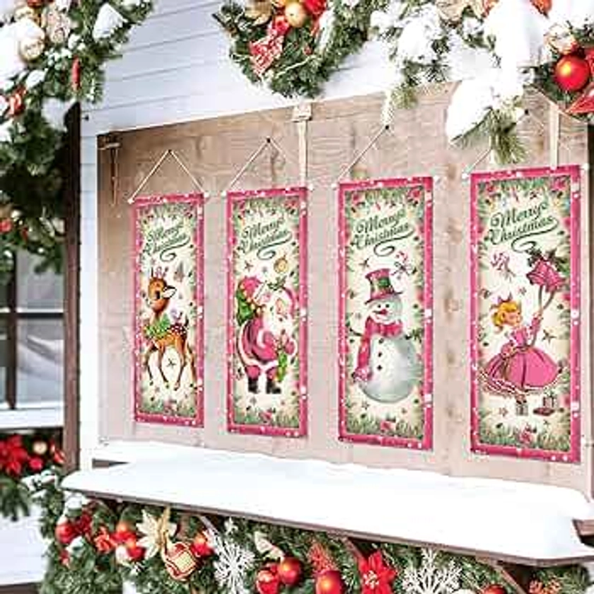 Large Set of 4 Pink Christmas Decorations Vintage Christmas Banner Vintage Christmas Door Cover Pink Santa Claus Merry Christmas Banners Xmas Art Photo Poster for Christmas Wall Decor Indoor Outdoor