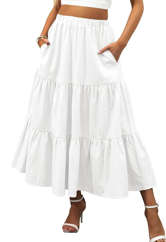 Amazon.com: ANRABESS Women Cotton Pleated A Line Maxi Skirt Elastic Waist White Ruffle Tiered Long Skirt with Pockets 495baise-S : Clothing, Shoes & Jewelry