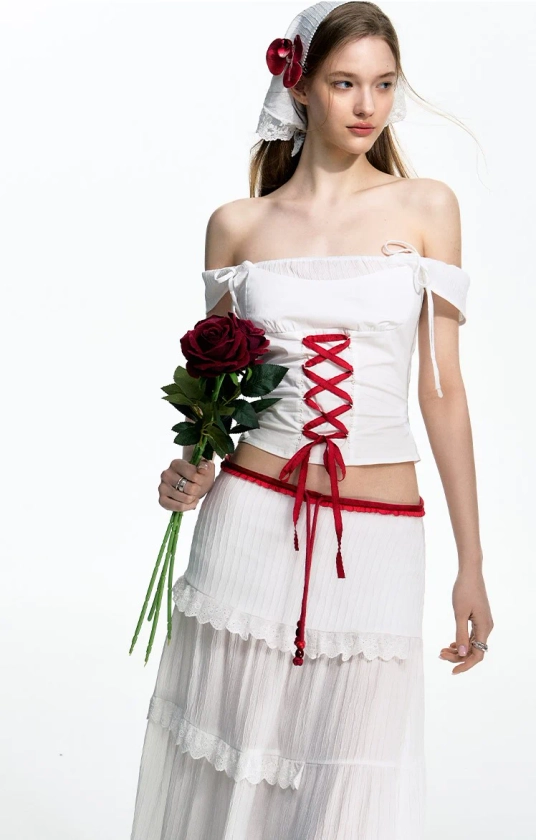 White And Red Strappy One-shoulder Tube Top/A-line Cake Skirt/Turban DPR0027