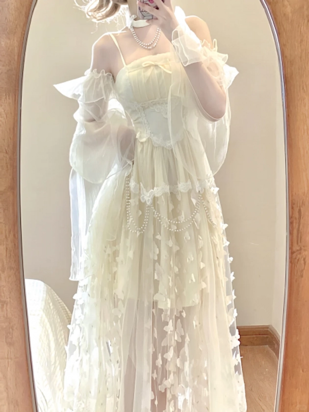 [$72.00]Apricot Fairy Butterfly Dress Bead Detail Summer Vacation Dress