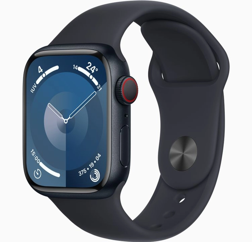 Apple Watch Series 9 GPS + Cellular • Caixa meia-noite de alumínio – 41 mm • Pulseira esportiva meia-noite – P/M