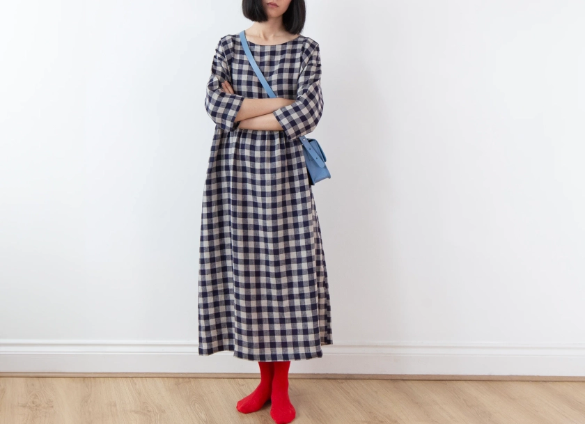 Indigo blue gingham check linen dress, lower-calf length