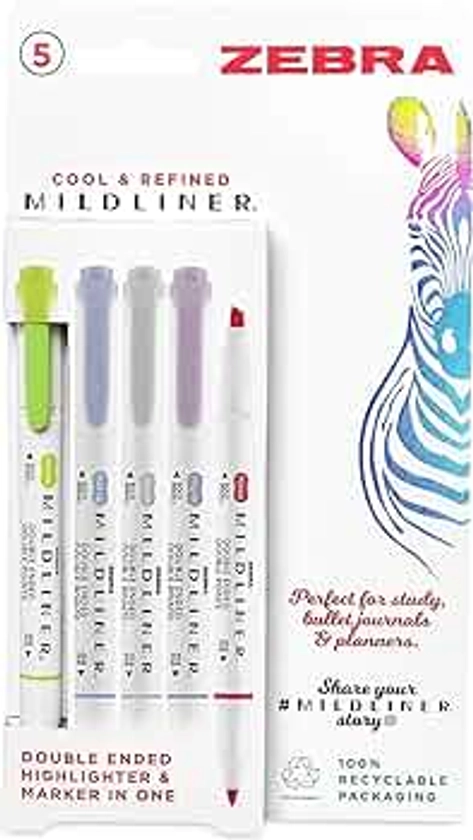Zebra Pen MILDLINER Dual Tip Highlighter Pens, Pastel Highlighters For Adults, Broad & Fine Tip Markers & Highlighters, Double Ended Pens, 5 Pk - Cool & Refined Colours