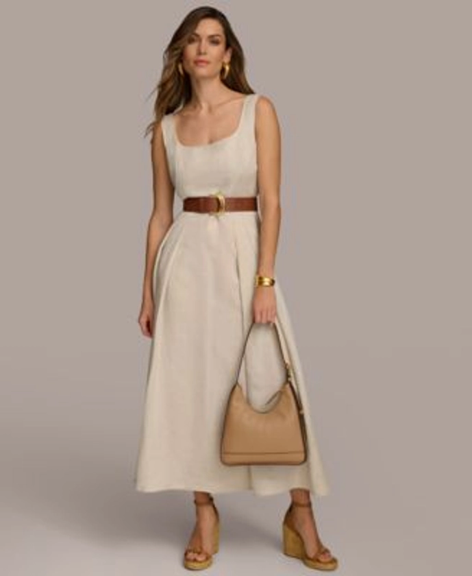 Donna Karan Women's Belted Linen-Blend Sleeveless Fit & Flare Dress