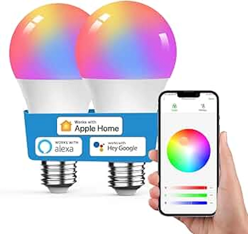 VOCOlinc Smarte Glühbirne Lampe E27, RGBW Smart Bulb Kompatibel mit Apple Homekit, Alexa und Google Assistant, Wlan LED Light Glühbirnen Dimmbar per App oder Sprache, 8.8W, 806LM, 2200K-7000K, 2 Stück