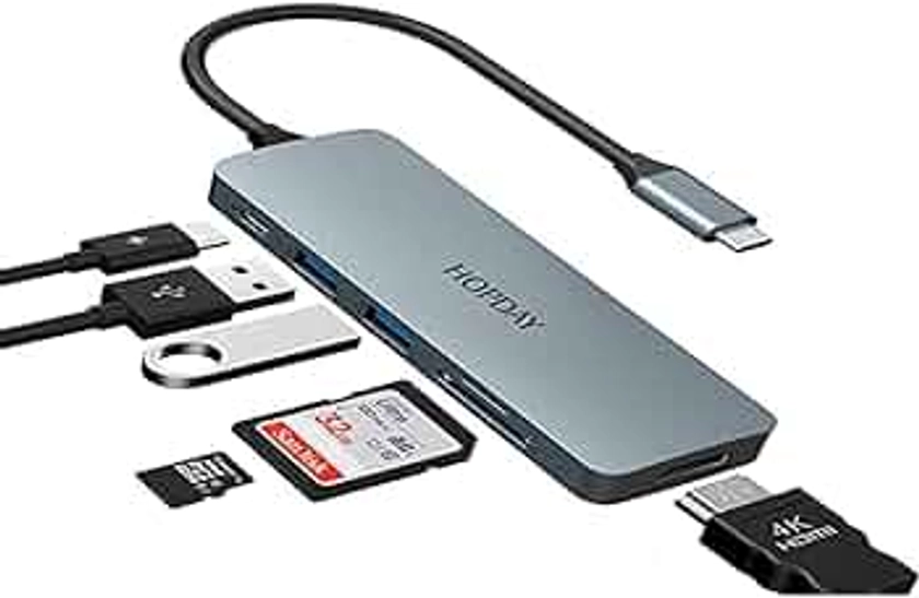 Hub USB C, HOPDAY 6 en 1 Adaptateur avec HDMI 4K, 2 x USB 3.0, Lecture de Carte SD/TF, Port de Charge 100W, USB-C vers Compatible avec MacBook,iPad, Clavier, Souris et Plus D'appareil