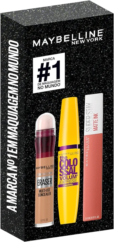 Maybelline NY Kit Queridinhos Batom Líquido Matte Ink 65 Seductress + Máscara De Cílios Colossal Lavável + Corretivo Eraser 130 Medium | Amazon.com.br