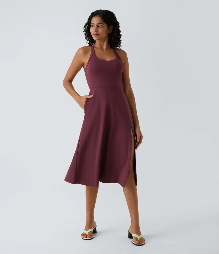 Women’s Backless Cut Out Twisted Side Pocket Split Midi Casual Dress - Halara 
