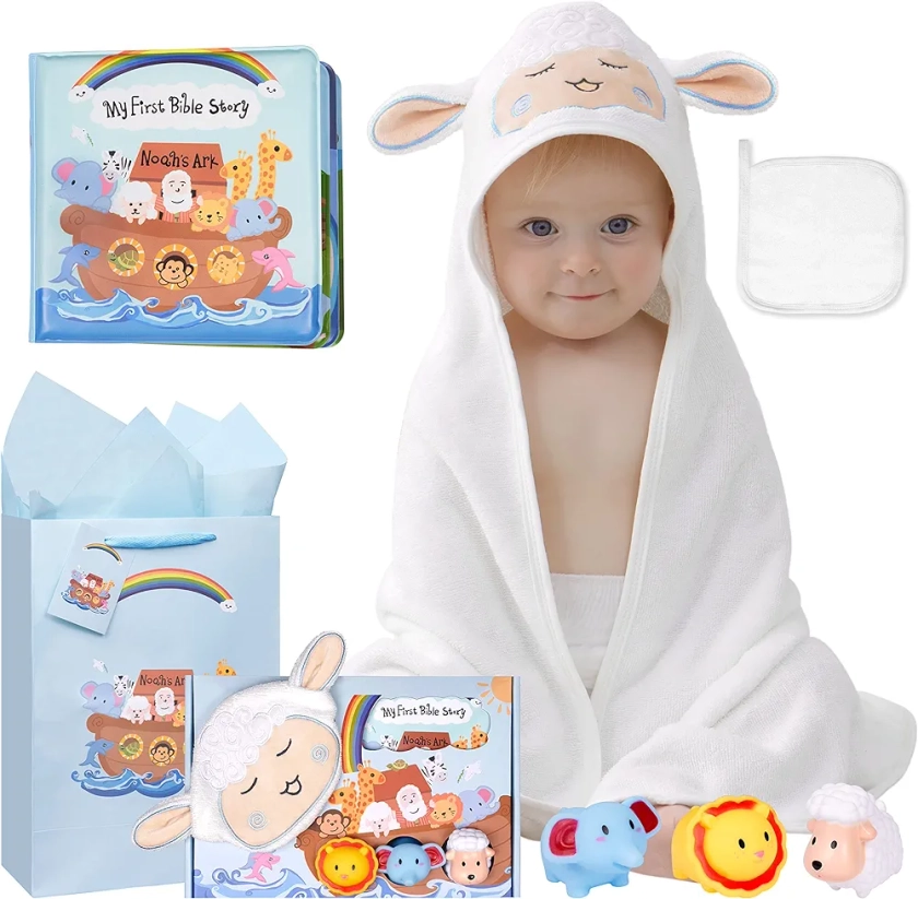 My First Noahs Ark 7 pcs Baptism Gift Set, Dedication, Christening and Baptism Gifts for Boys and Newborn Baby, includes Washcloth and Hooded Towel, Baby Bath Book, 3 Bath Toys and Gift Bag