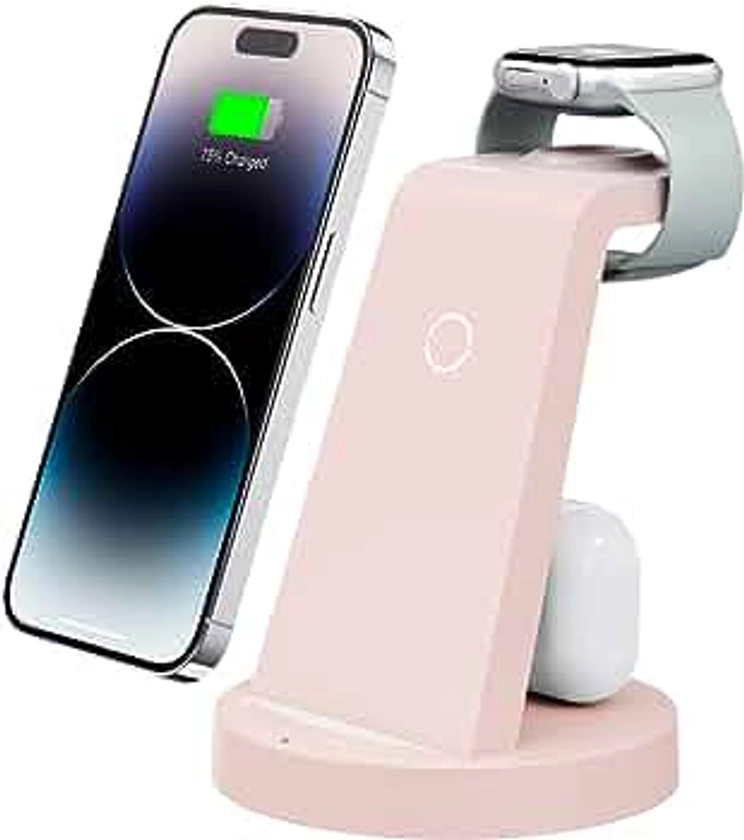Anlmz 3 in 1 Charging Station for iPhone, Wireless Charger for iPhone 15 14 13 12 11 X Pro Max & Apple Watch - Charging Stand Dock for AirPods (Pink)