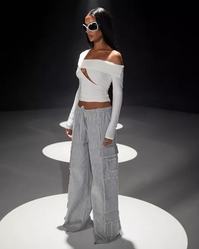 Asymmetric Fold Over Bardot Slash Front Top In White Slinky