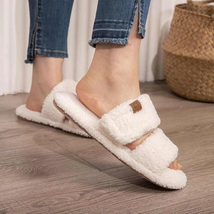 Amazon.com | FamilyFairy Open Toe Slippers for Women Adjustable Memory Foam House Shoes Faux Fur Fuzzy Slide Sandals Non Slip Washable Beige,9-10 | Slippers