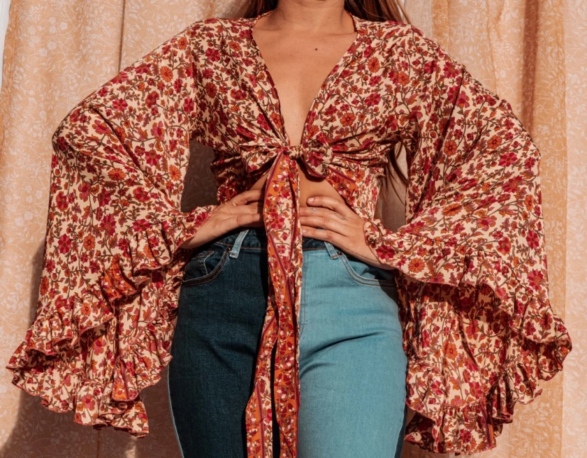 3-way Bell Sleeve Tie Front Hippie Boho Wrap Top, 70s Style Clothing, Vintage Silk Retro Eco Top, Flare Sleeve Aesthetic, Free Spirit Style - Etsy