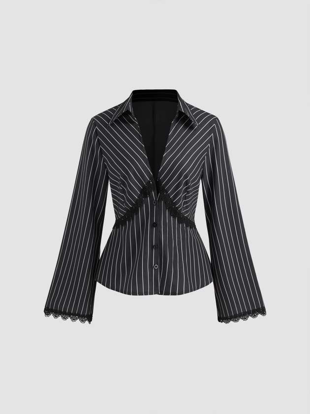 Woven Collar Striped Lace Trim Button Long Sleeve Shirt For Work