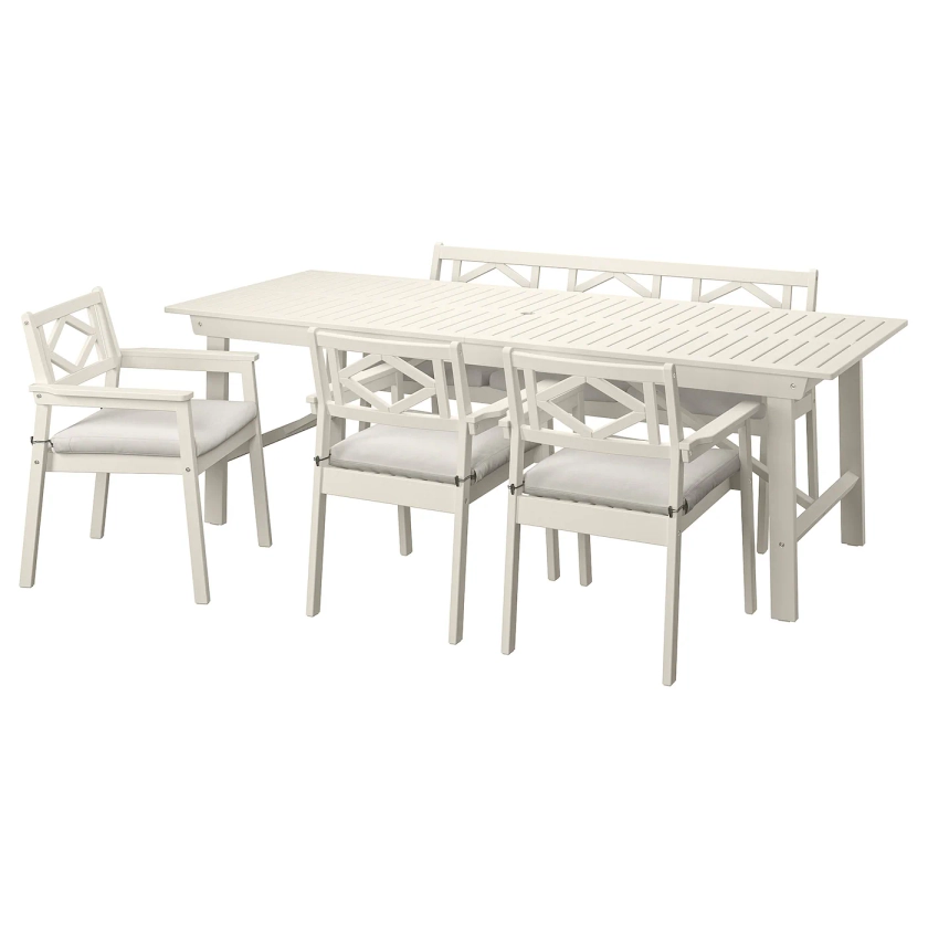 BONDHOLMEN Table+3 chrs w armr+ bench, outdoor - white/beige/Frösön/Duvholmen beige