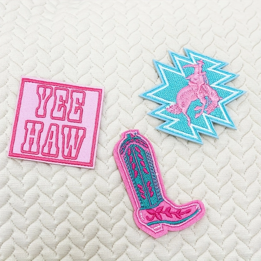 3pcs Cowboy Boot & Letter Iron-On Patches - Embroidered Appliques for Jeans, Jackets, Backpacks & Trucker Hats