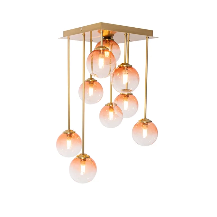 Suspension en métal doré et 4 globes en verre teinté rose | Maisons du Monde