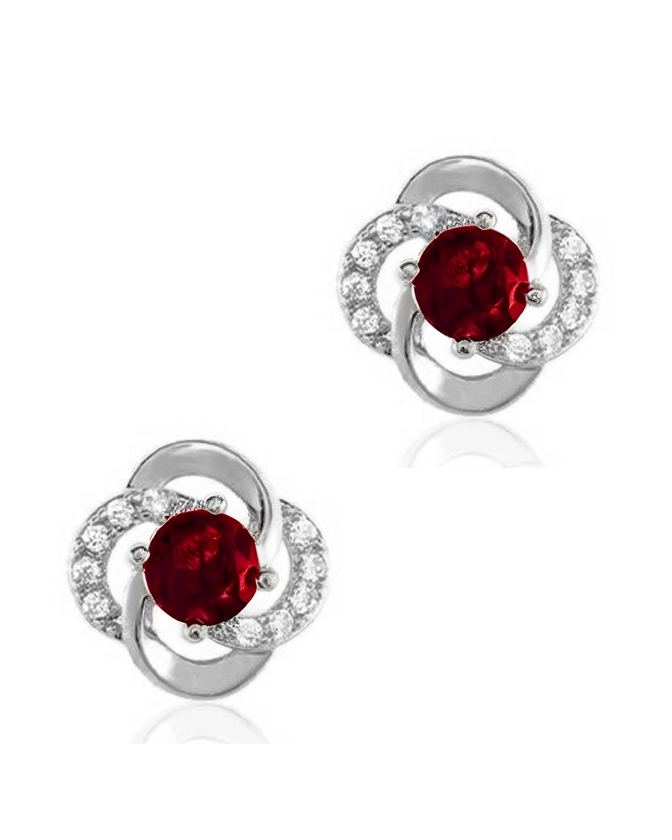 BOUCLES D'OREILLES EN ARGENT FLEUR AVEC PIERRES BLANCHES ET SOLITAIRE ROUGE - AATA21EY330R