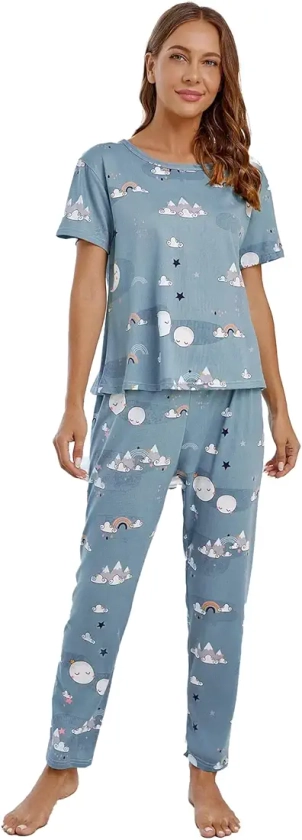 Buy SMOWKLY Printed Round Neck Short Sleeve Nightsuit Set | Pajama Set | Night Dress for Women (1128CRTN_DBL_M) Dusty Blue at Amazon.in