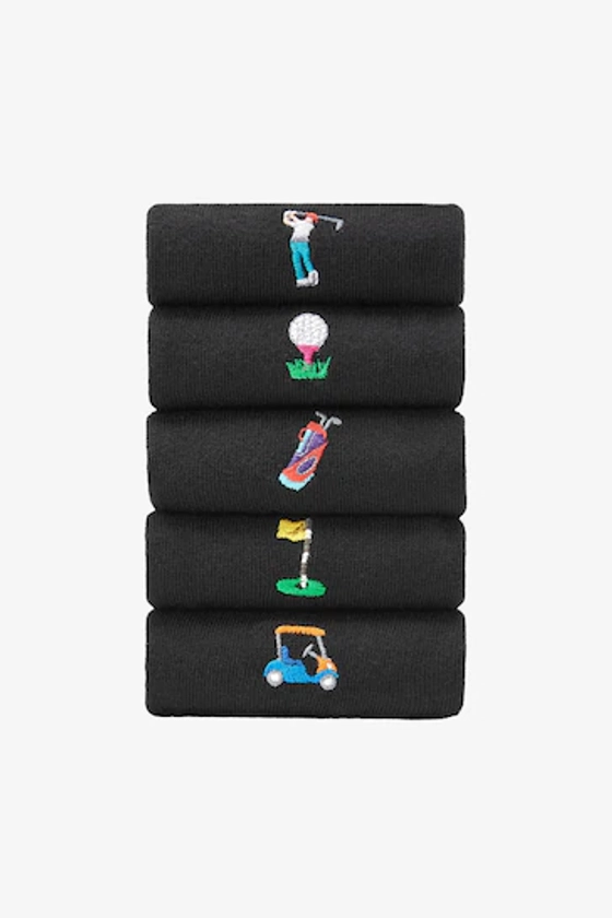 Black Golf Fun Embroidered Socks 5 Pack