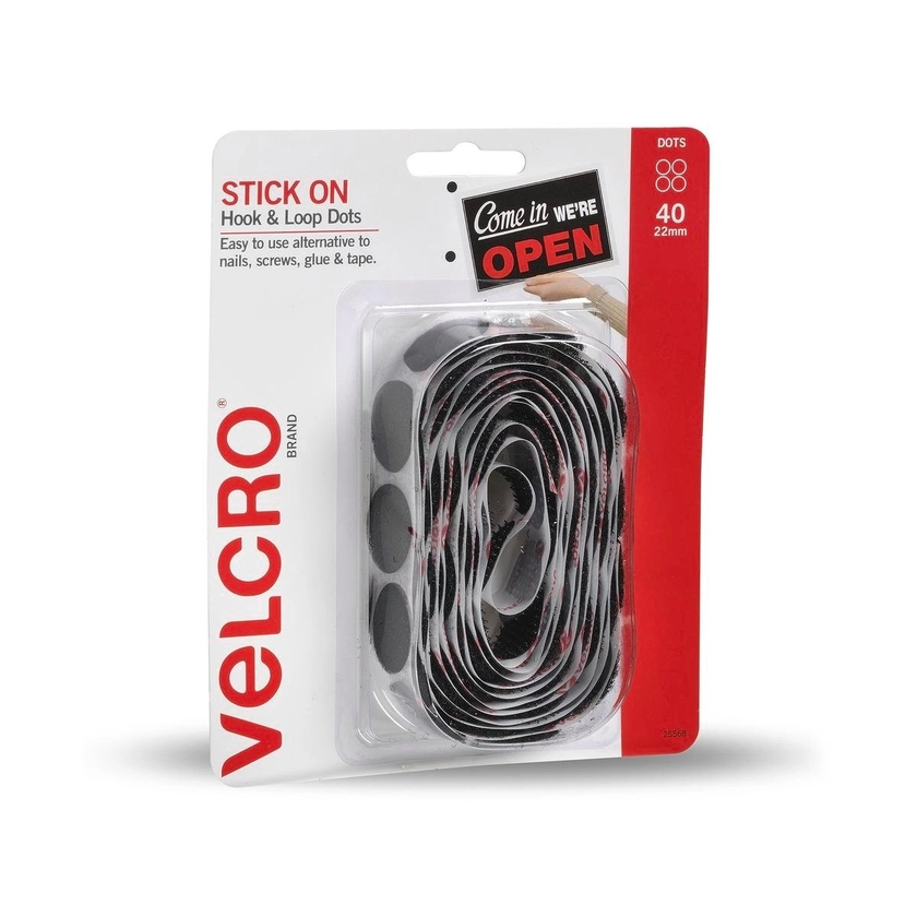 VELCRO® Brand 22mm Black Stick On Hook And Loop Dots - 40 Pack