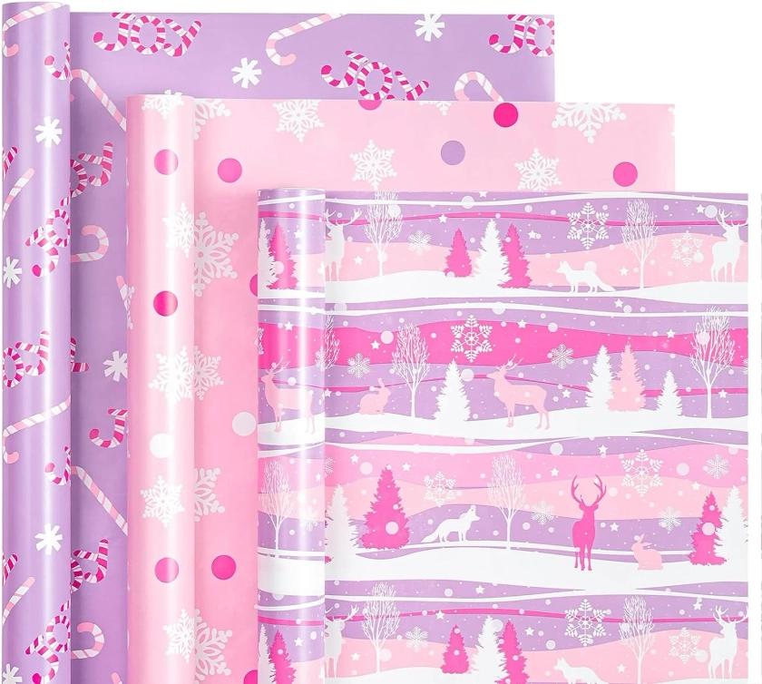 WRAPAHOLIC Christmas Wrapping Paper Roll - Mini Roll - 3 Rolls - 17 Inch X 120 Inch Per Roll - Pastel Pink and Purple Reindeer, Candy cane with JOY, Snowflake Holiday Collection