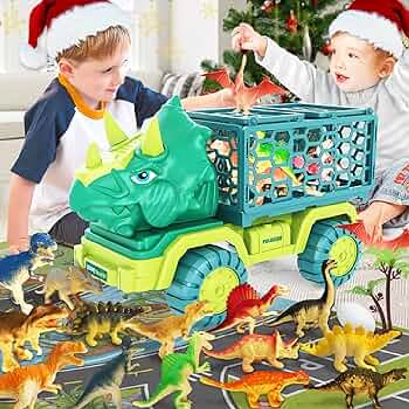 Jouet camion dinosaure pour enfants de 3 à 8 ans, jouet de voiture de transport tricératops avec 15 figurines de dinosaures, œufs de dinosaure, tapis de jeu d'activité, ensemble de jeu de dinosaures,