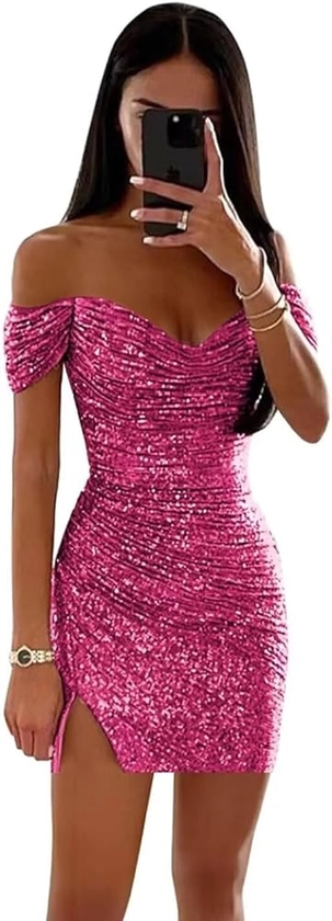 Amazon.com: UZN Hot Pink Teens Sparkly Sequin Homecoming Dress Off Shoulder Mini Short Tight with Split Cocktail Party Gowns US0 : Clothing, Shoes & Jewelry