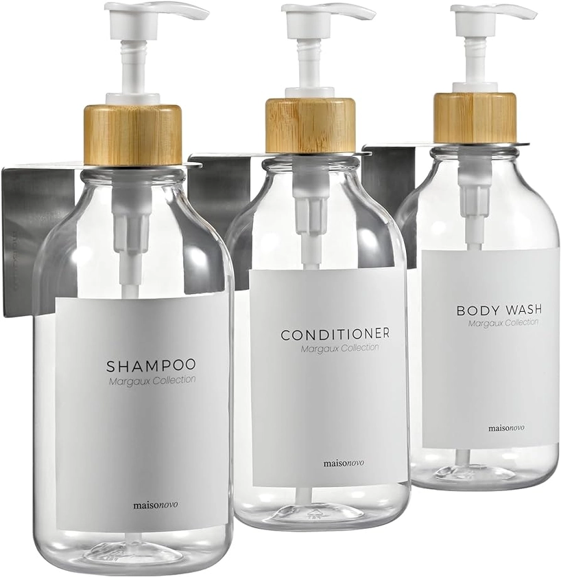 Amazon.com: MaisoNovo Shampoo and Conditioner Dispenser with Wall Mounts | Set of 3 Clear Plastic Bottles Bamboo Pump : Home & Kitchen