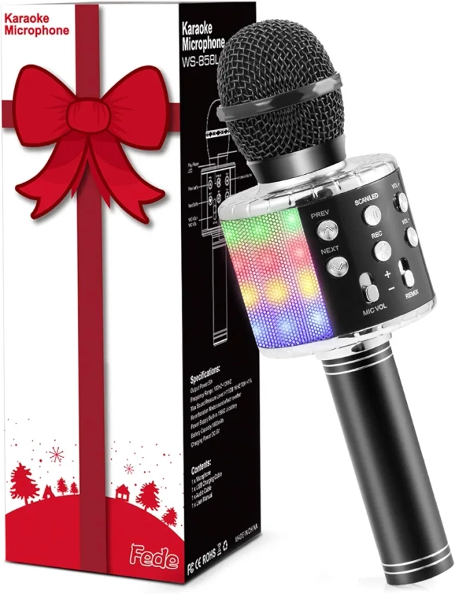 Fede Microphone for Kids Adults, Wireless Bluetooth Microphone with Flashing Colorful LED Lights Portable Speaker Karaoke Machine, Home KTV Player Support Android & iOS Devices for Party Singing
