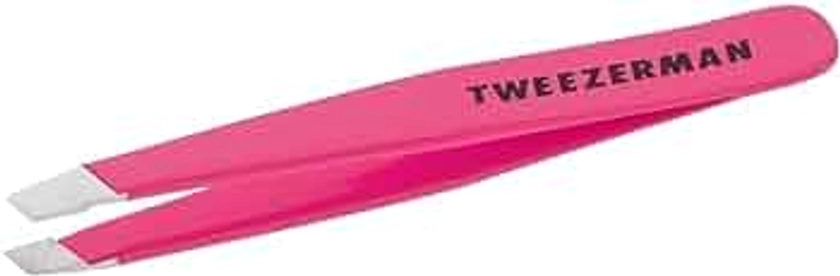Tweezerman Stainless Steel Mini Slant Tweezer, Neon Pink, 1 Count
