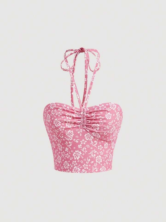 SHEIN MOD Allover Floral Print Ruched Halter Pink Summer Short Top | SHEIN USA