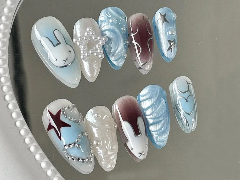 Cute Press On Nails : Pretty Blue and White Nails With 3D Patterns | Unique Nail Decoration Product | Kawaii Nails | Easter Nails | JC61S