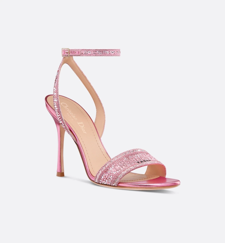 Dway Heeled Sandal Pink Cotton Embroidered with Metallic Thread and Strass | DIOR