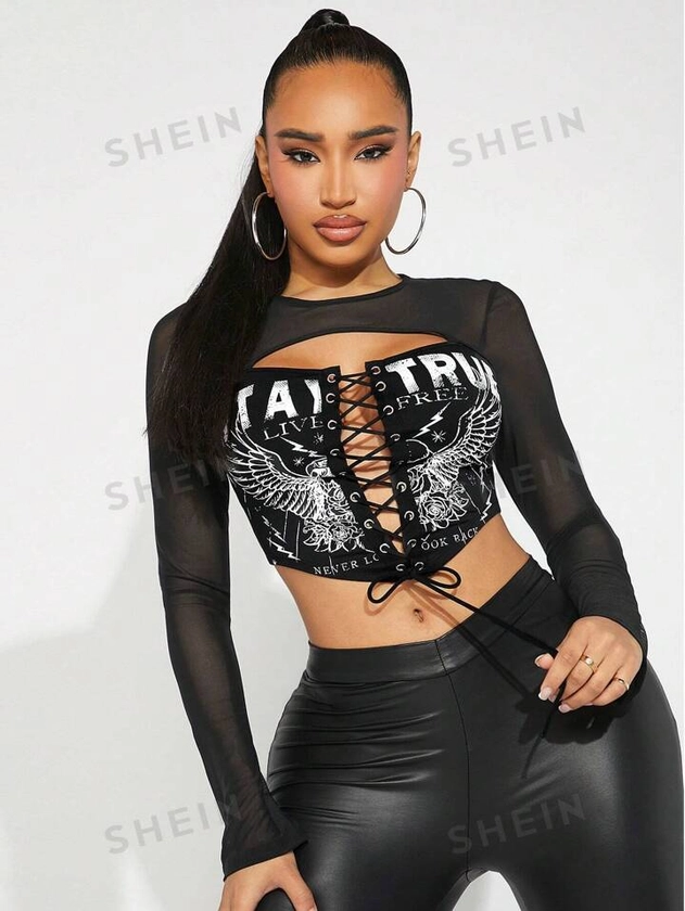 SHEIN SXY Women'S Cropped Top With Sheer Yoke And Tie Front Detail Eagle Graphic Mesh Top Concert Outfits Black Top