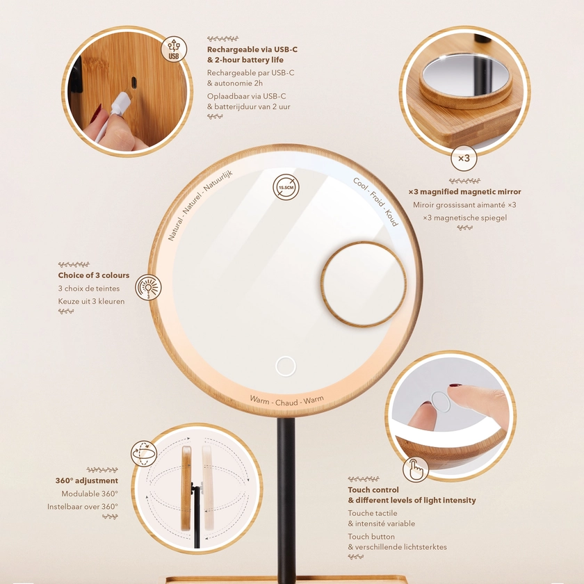 Miroir led rechargeable – bamboo mirror