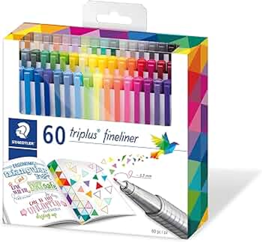 Staedtler Triplus Fineliner, Feutres très fins de haute qualité pour écriture et contours, Pointe extra-fine de 0.3 mm, Étui carton de 60 couleurs lumineuses assorties, 334 C60