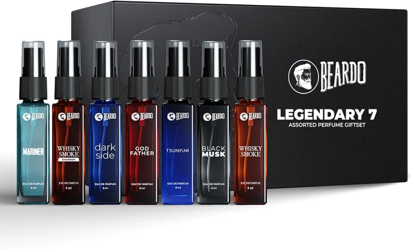 Buy Beardo Legendary 7 Assorted Perfume Gift Set for Men 7X8ml with Long Lasting Fragrances | Travel Pack with Mariner Whisky Smoke Dark Side God Father Tsunami & Black Musk Online at Low Prices in India - Amazon.in