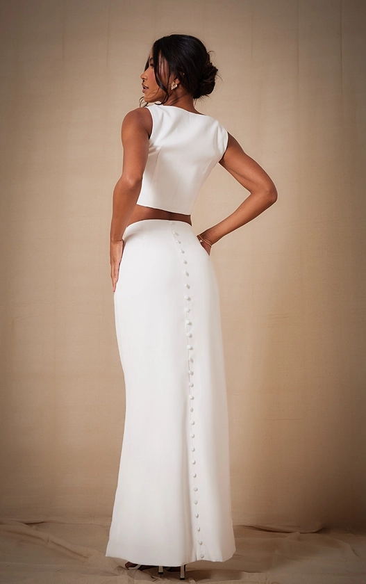 Premium White Woven Button Detail Maxi Skirt