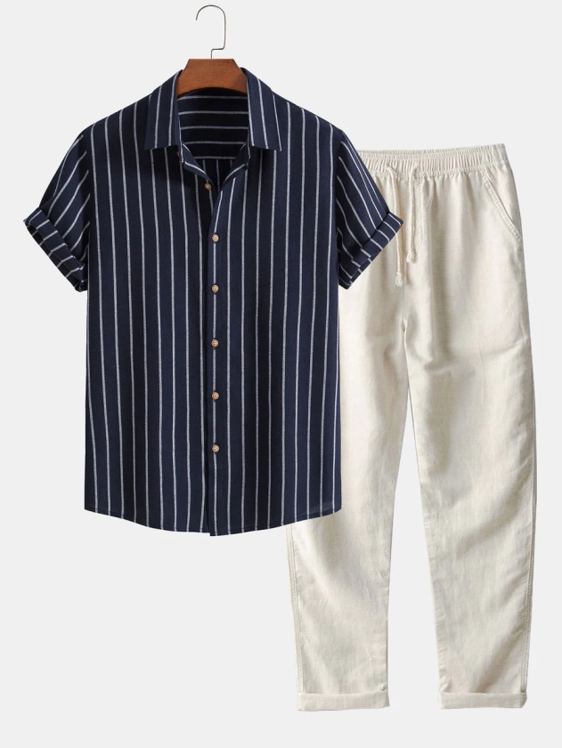 Cotton Blend Striped Button Up Shirt-HOOOYI