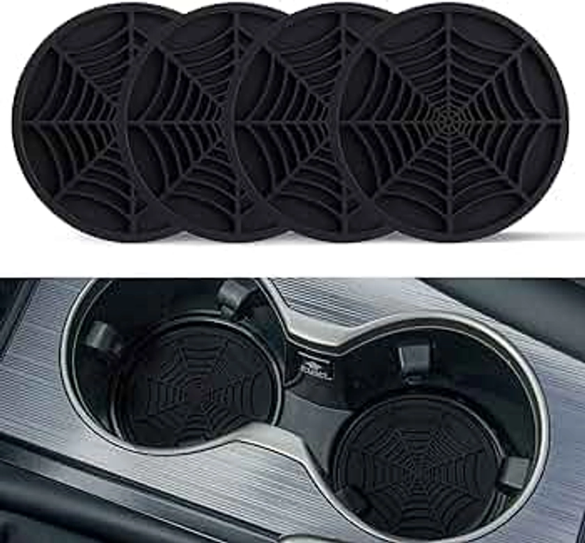 4PCS Spider Web Car Coasters for Cup Holders, Halloween Funny Non-Slip Silicone Insert Ornaments Coasters, Automotive Cupholder Goth Accessories for Men & Women(Black)