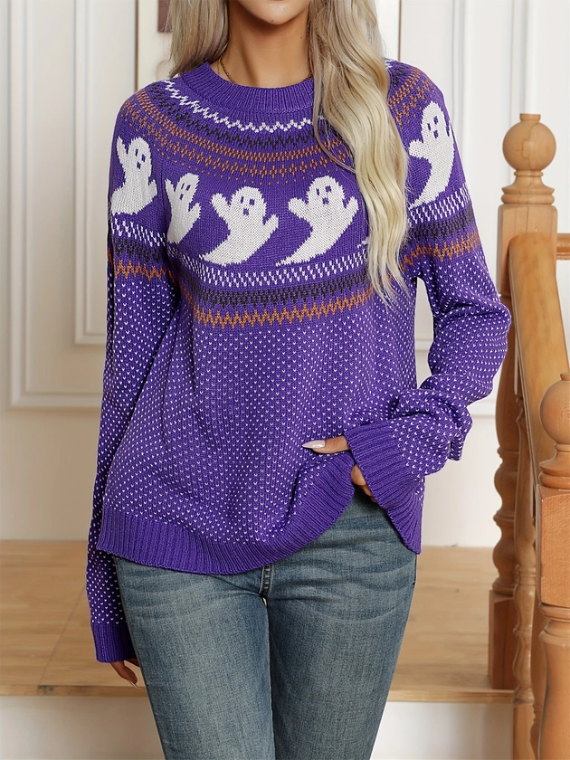 Halloween Ghost Patttern Pullover Sweater, Vintage Long Sleeve Crew Neck Sweater, Women&#39;s Clothing
