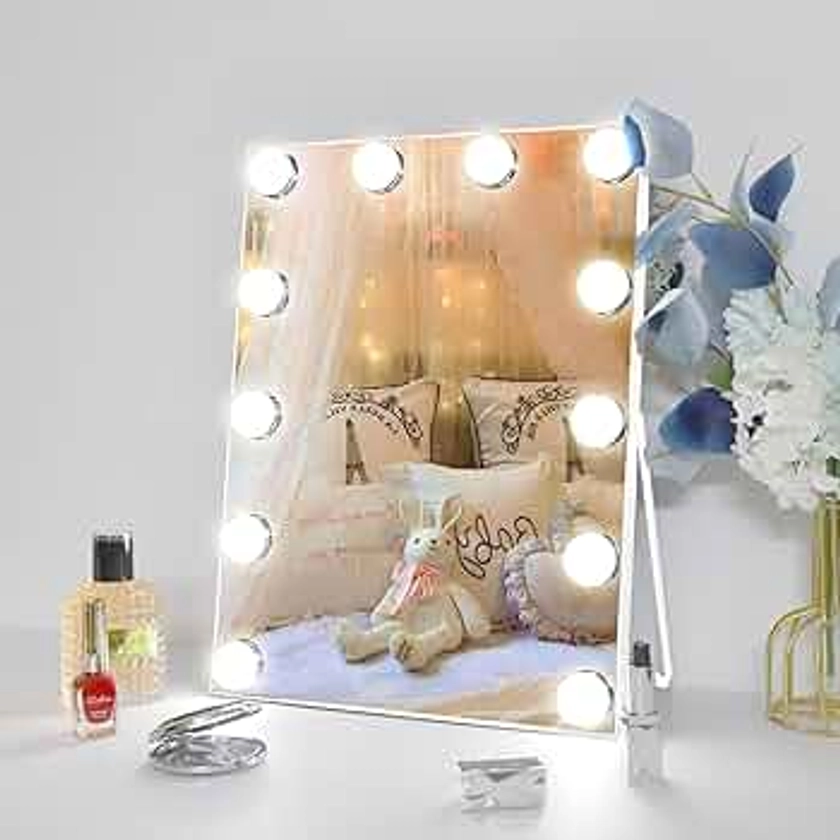 10"x 12" Vanity Mirror with Lights, Hollywood Lighted Makeup Mirror with 3 Color Modes and 12 Dimmable Diamond LED Light Bulbs, Touch Control for Bedroom, White