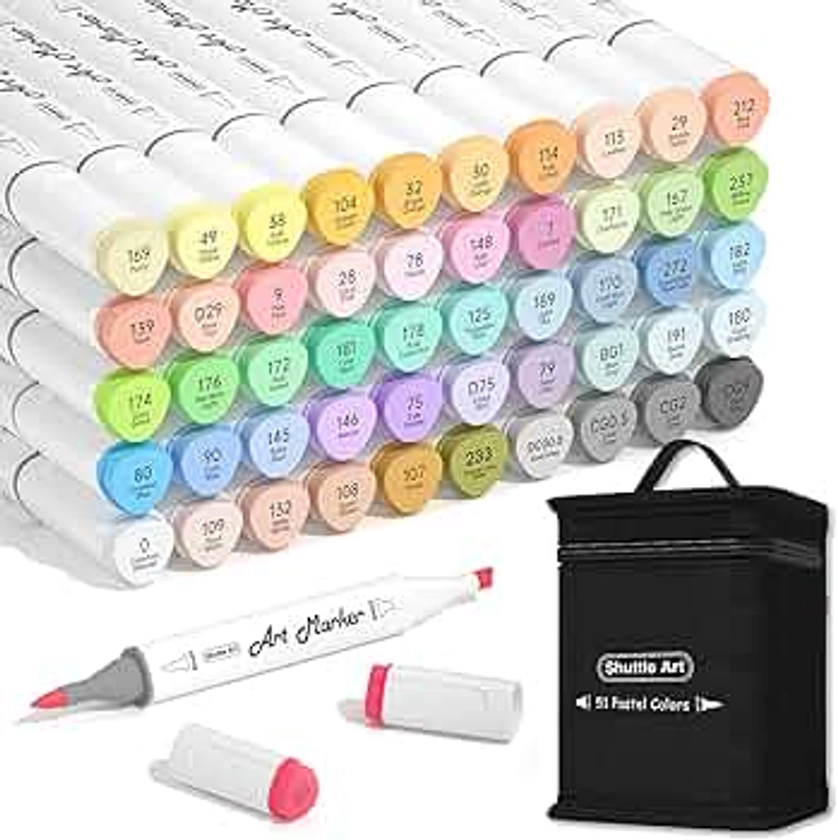 Shuttle Art Brush Art Pens, 50 Pastel Colours Dual Tip Alcohol Markers Set, Brush & Chisel Tip Art Markers Pens, with 1 Blender Permanent Marker Pens with Case for Illustration Colouring Sketching