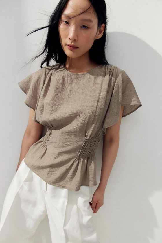 Textured-weave Blouse - Round Neck - Short sleeve - Beige - Ladies | H&M US