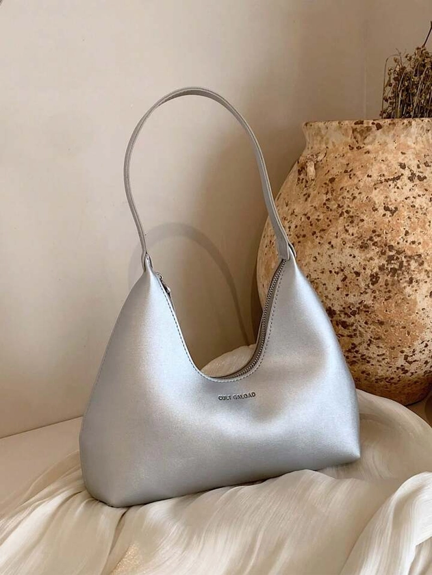 1pc Silver Retro Minimalist Crescent-Shaped Underarm Bag Crossbody Bag For Women