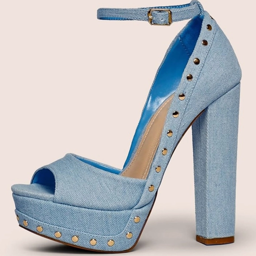 Blue Denim Peep Toe Block Heel Ankle Strap Platform Sandals with Stud