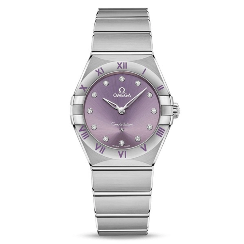 Montre Omega Constellation Quartz cadran violet index diamants bracelet acier 28 mm - Lepage