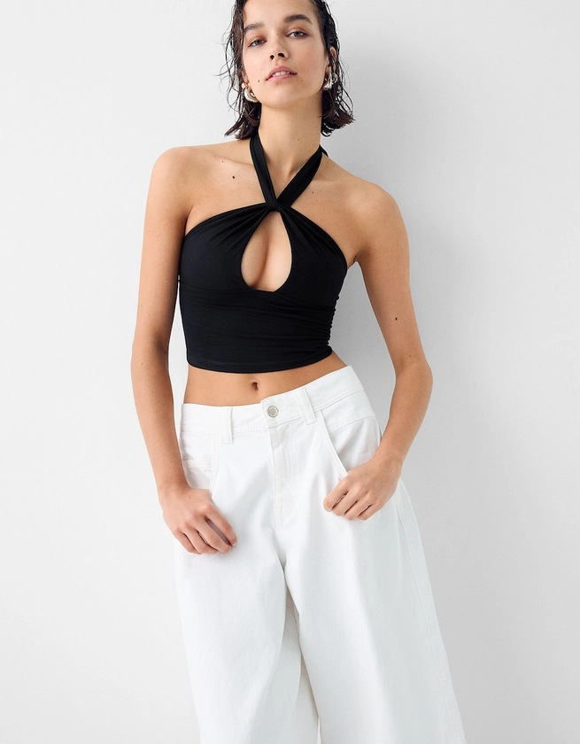 Crossover halter neck top